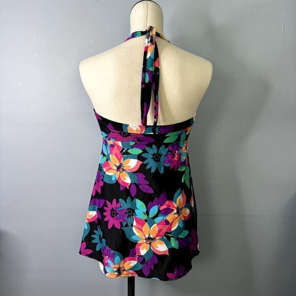 Tropical Escape Floral One Piece Halter Twist Swim Dress Black Multi Womens Sz 6 - Picture 5 of 12